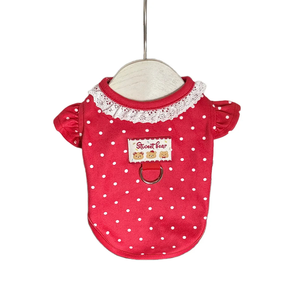Camiseta de Primavera para Pets, Vestido Princesa Vermelho com Bolinhas, Colete de Renda Fofo para Cães Pequenos e Filhotes