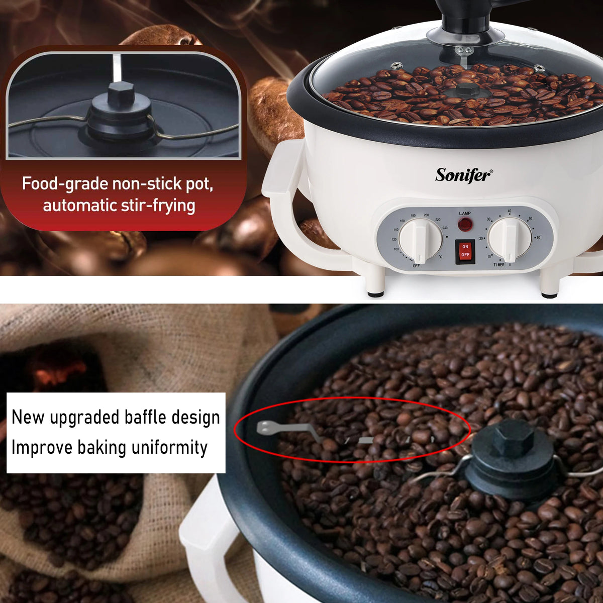Sonifer-Elétrica Torrador De Feijão De Café, Cozimento Fogão, Pipoca Make Dryer, Secagem De Grãos, Feijão De Amendoim