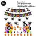 Conjunto de Decorações para Festa de Halloween: Banner Feliz Halloween, Guirlanda Doçura ou Travessura, Teias de Aranha, Espirais Penduradas, Toppers para Cupcakes e Balões