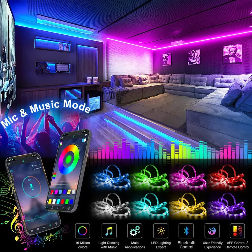 Fita LED RGB 5050 Colorida com Bluetooth para Decoração de Ambientes, 10m 15m 20m 30m, Iluminação LED Neon para PC e TV, Fita LED