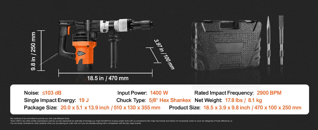 SucceBuy 1400 W Martelo de demolição Martelo elétrico Heavy Duty 2900 BPM Disjuntor de concreto 2 peças Cinzel Bits Chipping
