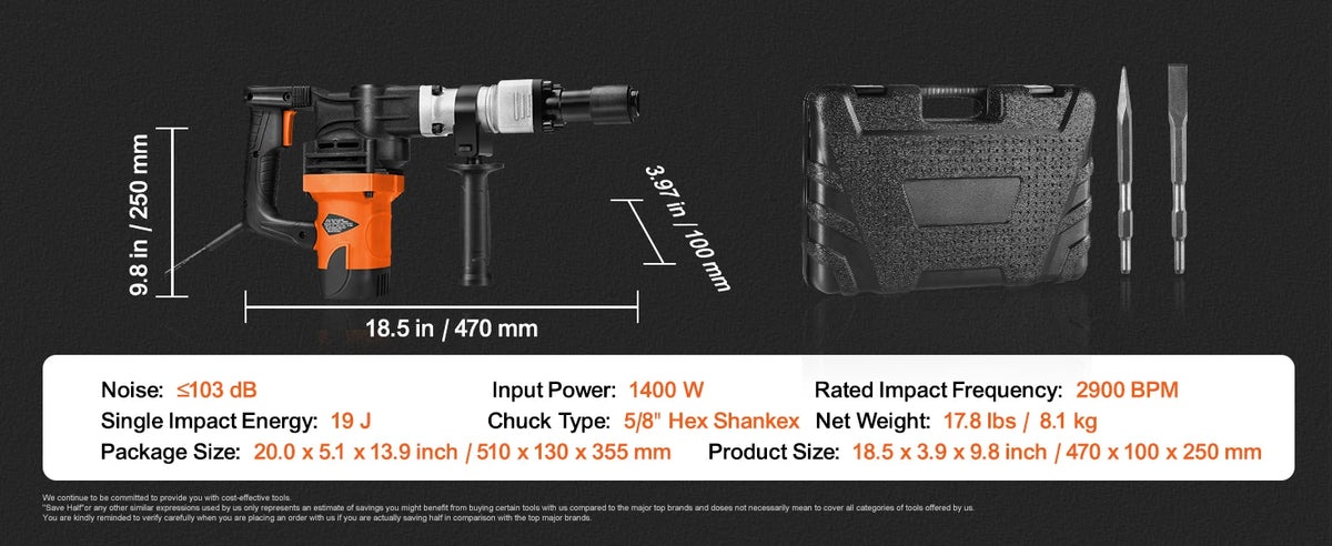 SucceBuy 1400 W Martelo de demolição Martelo elétrico Heavy Duty 2900 BPM Disjuntor de concreto 2 peças Cinzel Bits Chipping
