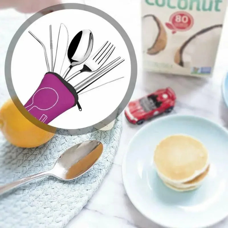 7 pçs/set conjunto de talheres de aço inoxidável ao ar livre portátil saco pano faca garfo colher pauzinhos palha flores ricas sete conjuntos