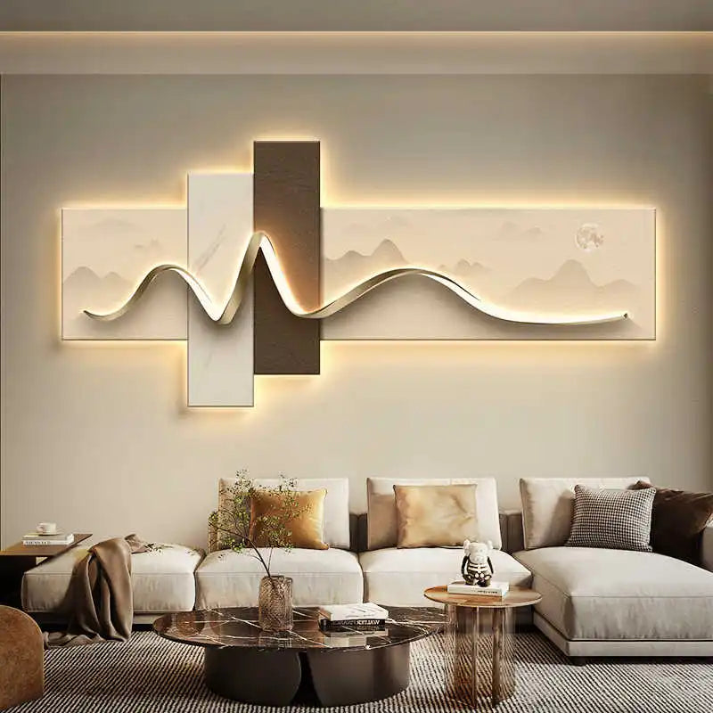 Pintura de decoração de sala de estar, pintura de luz ambiente LED, parede de fundo de sofá de luxo moderno, pintura suspensa minimalista