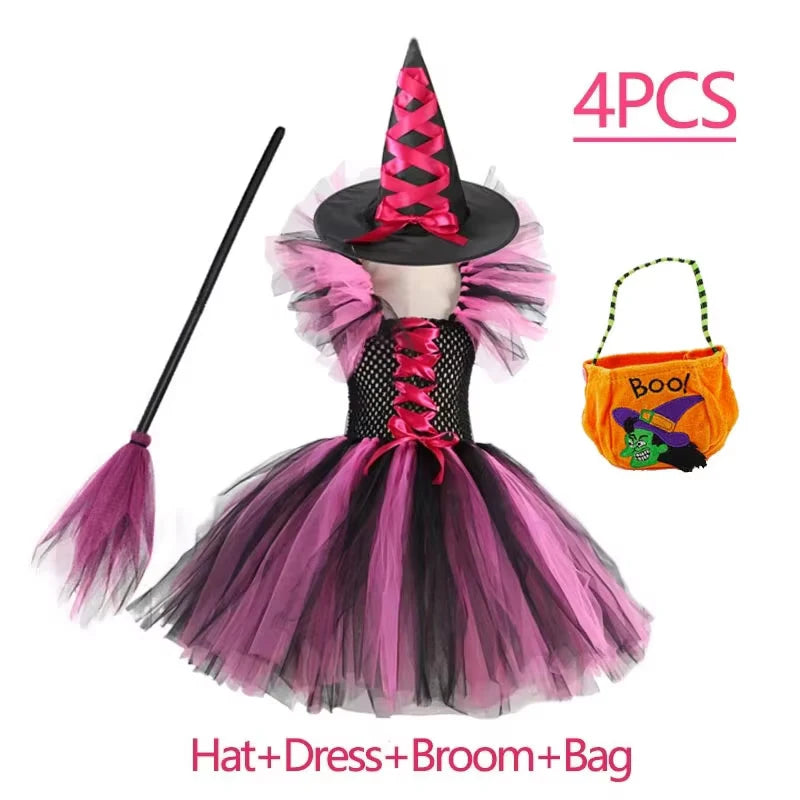 Fantasia de Bruxa para Meninas, Vestido de Tule em 3 Cores com Chapéu Pontudo, Fantasia de Carnaval para Crianças
