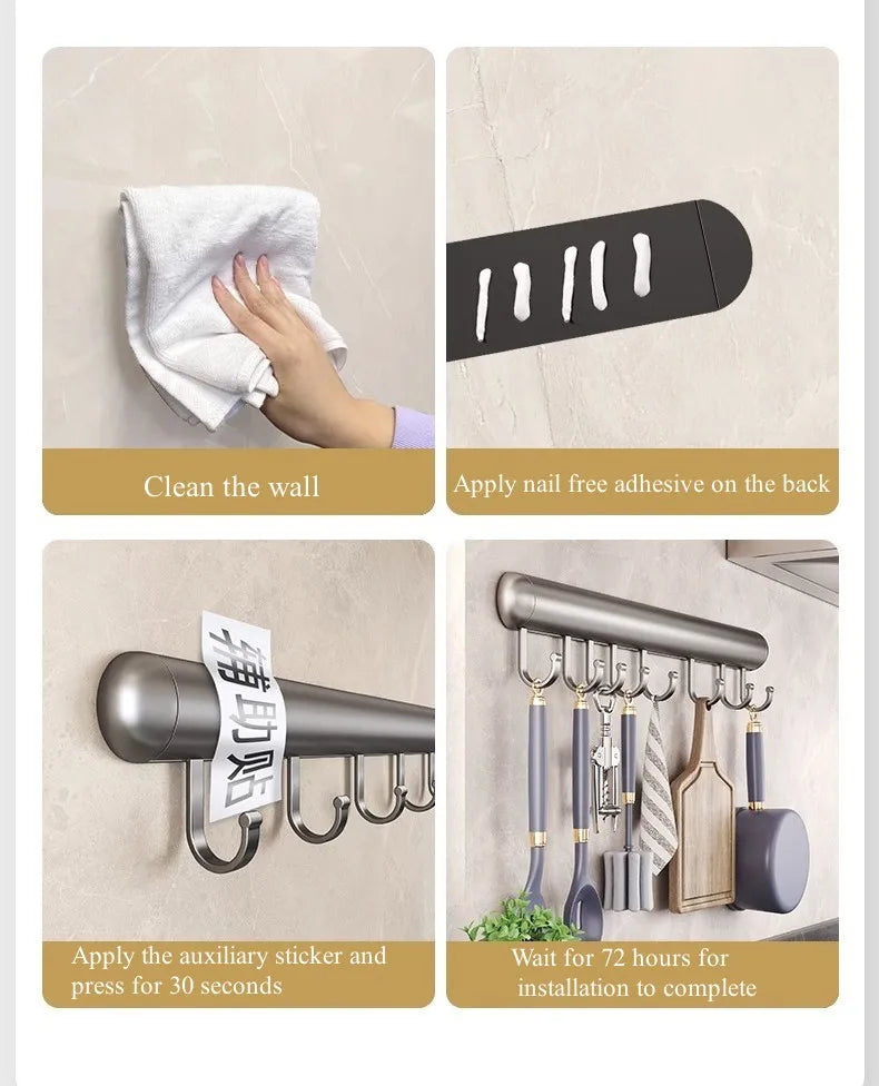 Suporte de gancho de cozinha, haste de suspensão sem perfuração, rack de armazenamento de parede, espátula, colher, espaço removível, cabides de gancho de alumínio