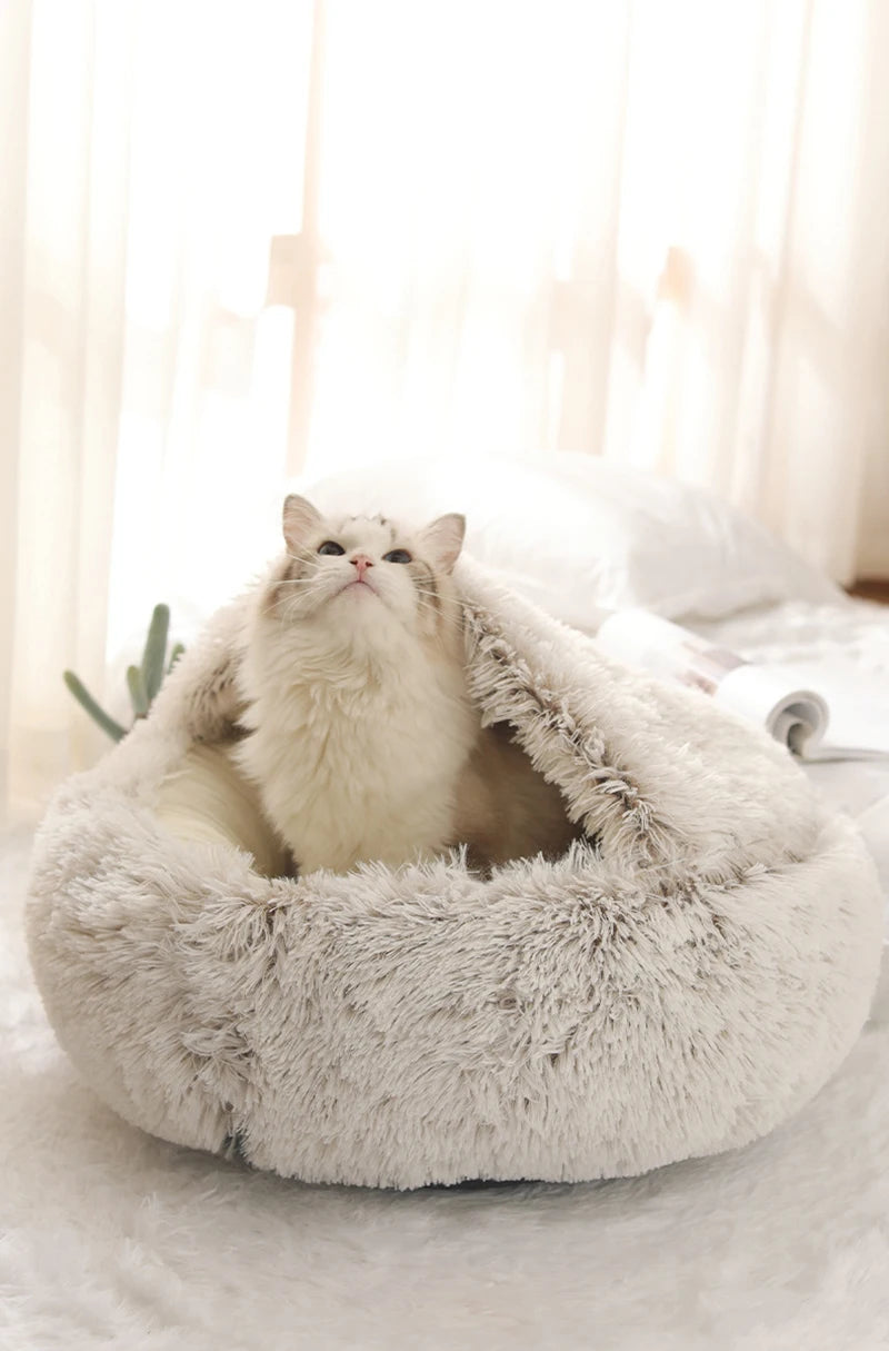 Cama macia quente do animal de estimação do luxuoso com tampa, ninho redondo do sono, caverna para cães pequenos, colchão do gato, gatinho