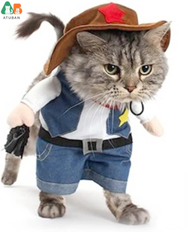 Trajes de Halloween para cães e gatos, uniforme de cowboy ocidental com chapéu, roupa engraçada de cowboy para animais de estimação, fantasia engraçada para gatos e cães pequenos