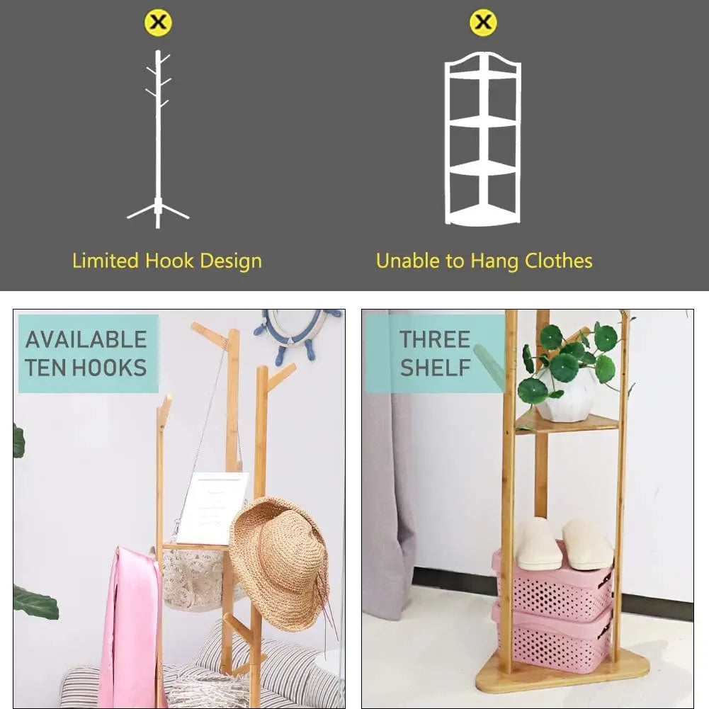 Cabideiro de Bambu: Cabideiro Robusto com 9 Ganchos e Base Estável, Cabideiro para Entrada, Capacidade Máxima de Carga 15kg, Ideal para Casa, Quarto, Sala de Estar, 160X36X36Cm