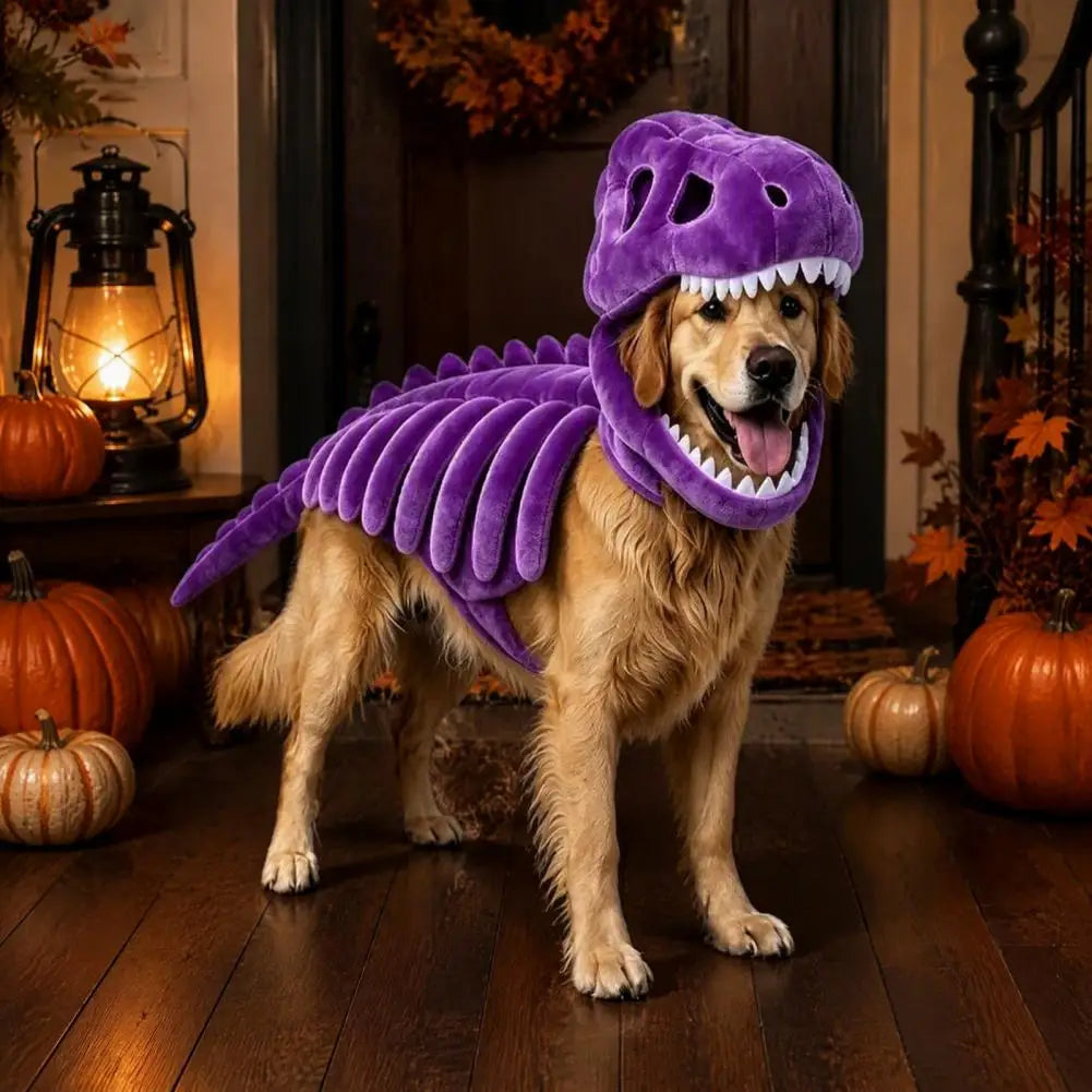 Fantasia de Halloween para Cães em Poliéster Macio, Fantasia de Esqueleto de Dinossauro para Animais de Estimação, Dinossauro de Halloween para Cães e Gatos