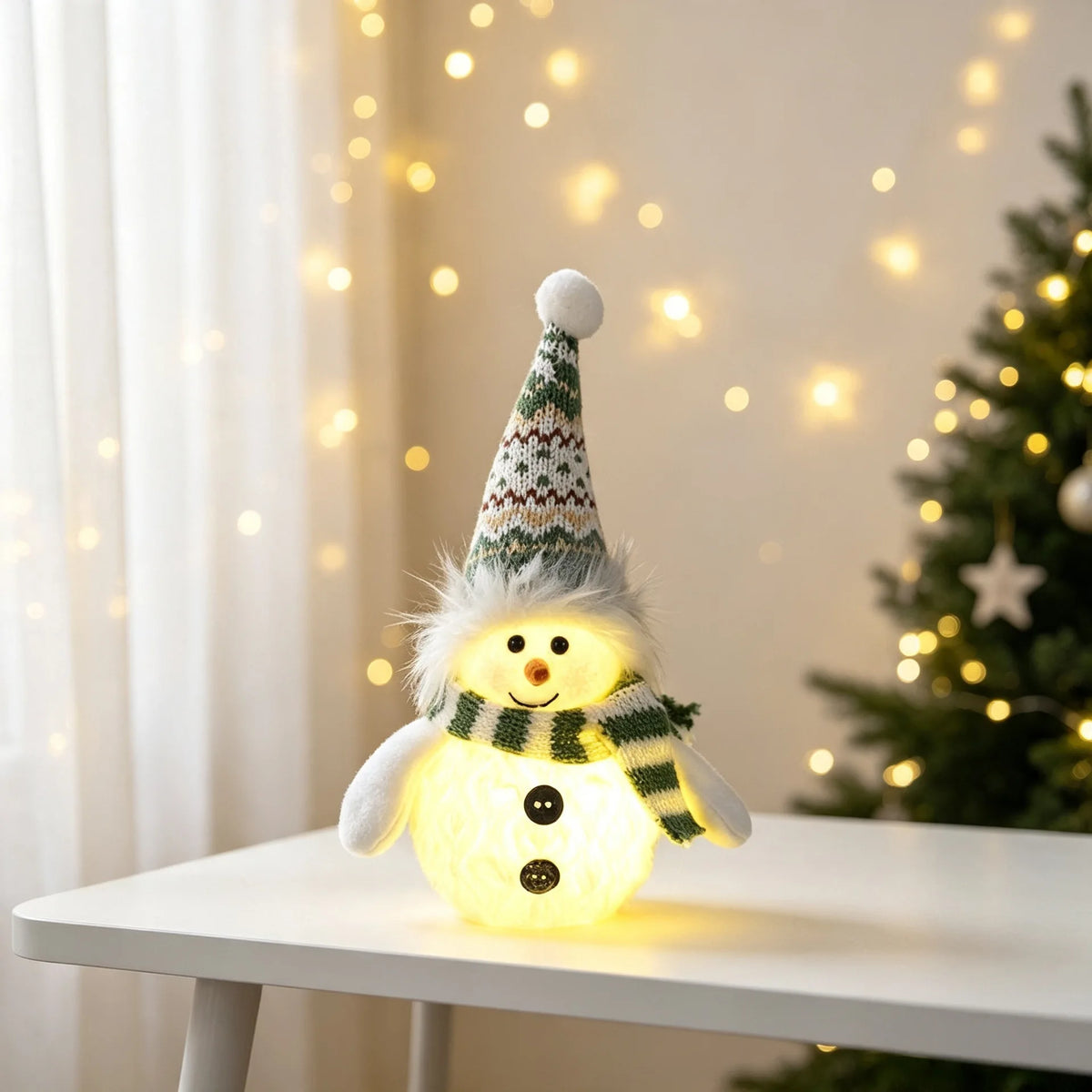 Boneco de neve de pelúcia com luzes de Natal, decoração de mesa de Natal, para uso interno, artigos para festas de Natal, presente.