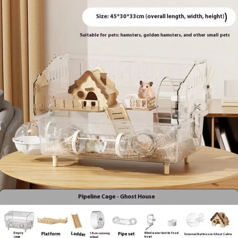 Gaiola para Hamster Espaçosa em Acrílico Transparente com Acessórios, Habitat para Roedores, Suprimentos para Pequenos Animais