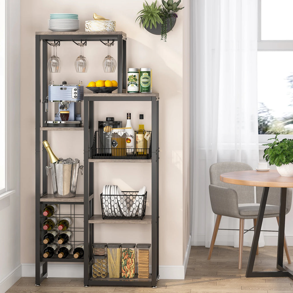 Cremalheira autônoma do vinho do assoalho das tribos com suporte de vidro e armazenamento do vinho, prateleira de exposição industrial do vinho, padeiro Rack, 5-Tier