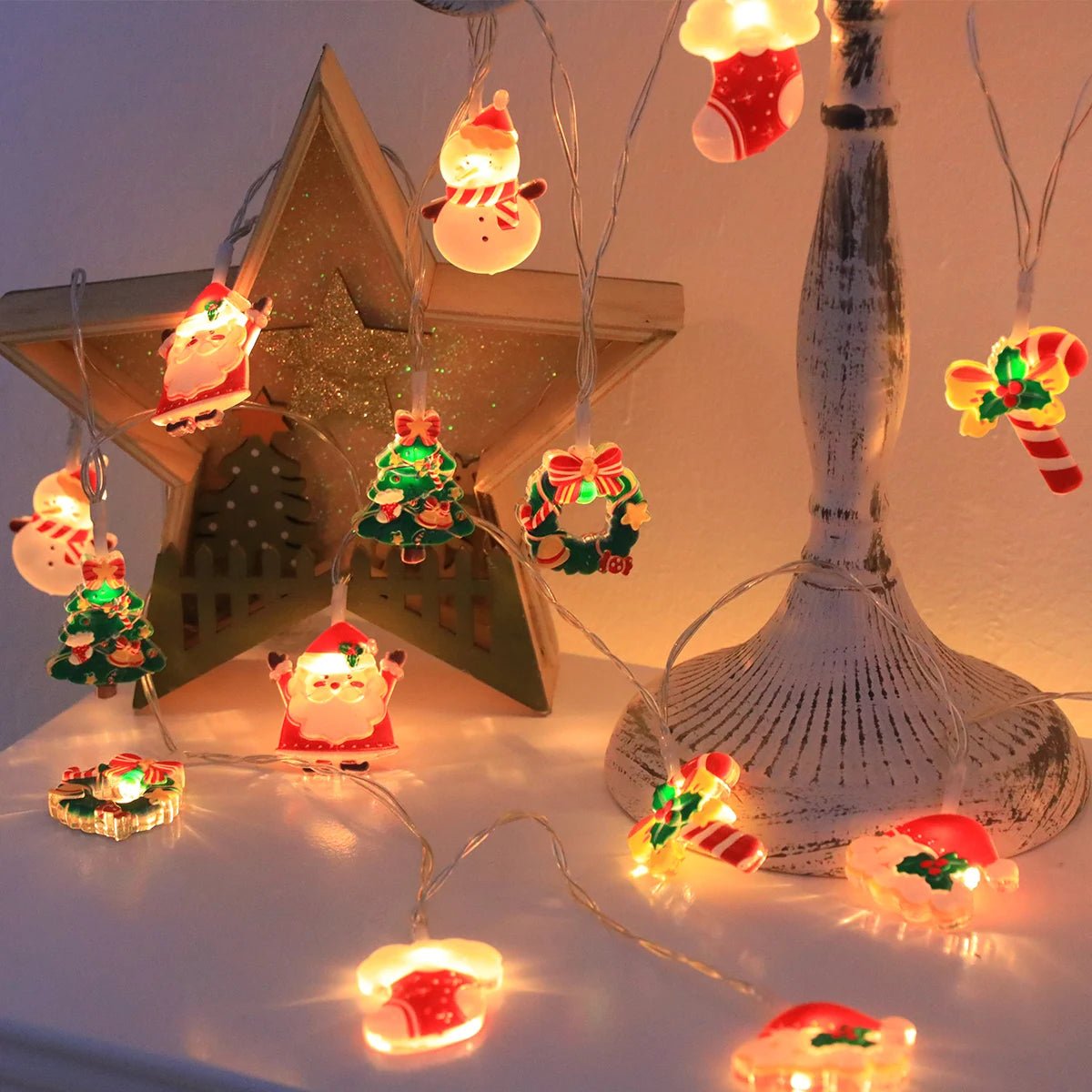 Luzes de corda de Natal LED, com Papai Noel/boneco de neve/cana de doces/meia de Natal/designs de flocos de neve, para festa de Natal/interior/árvore