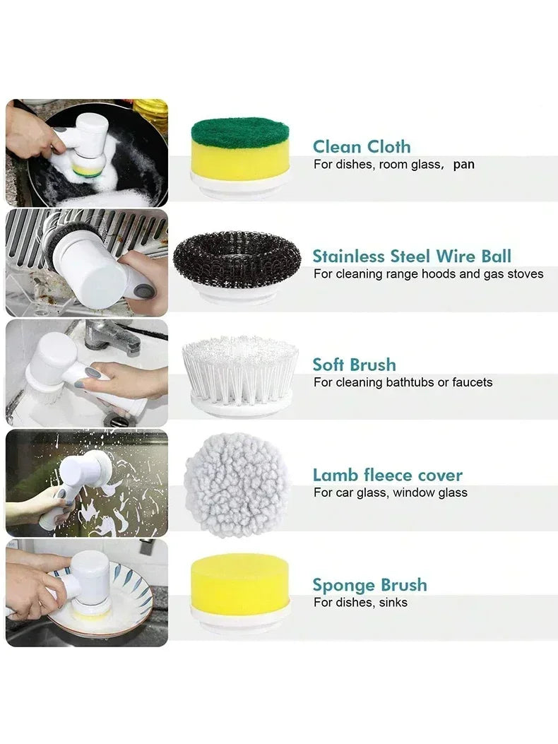 Purificador giratório elétrico sem fio 2025 com 5 escovas, limpador de banheiro recarregável à prova d'água IPX7 para limpeza de azulejos/doche/gravos
