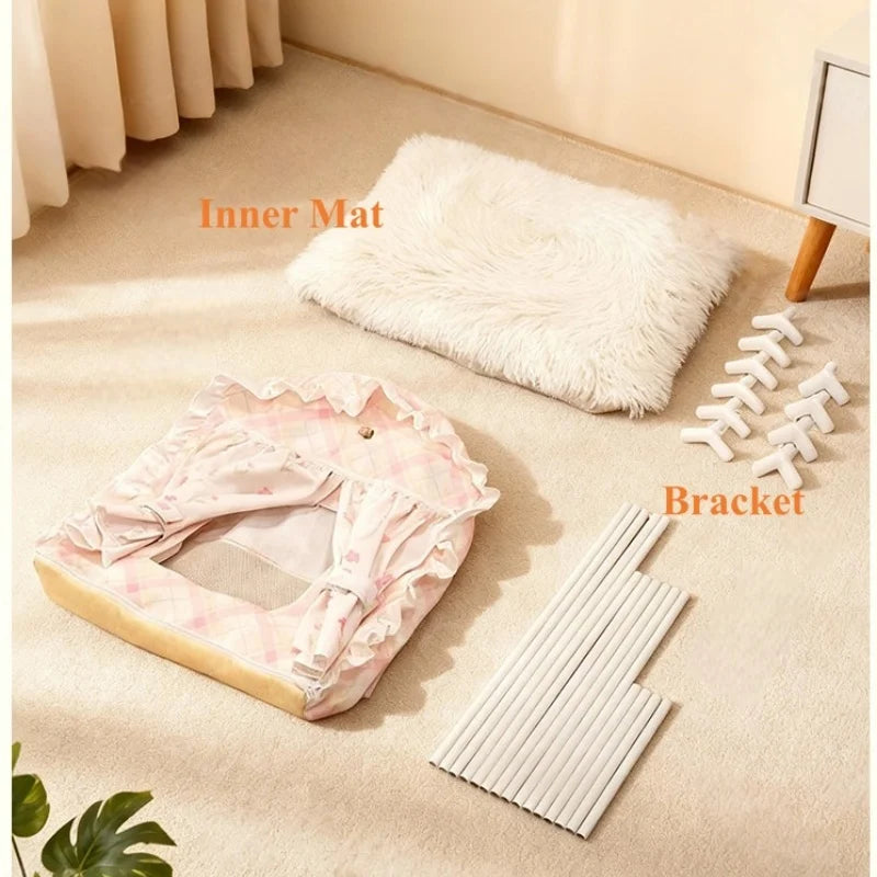 Casa para Gatos Floral Fofa com Tenda, Cama Semi-Fechada Removível e Lavável para Gatos/Cães
