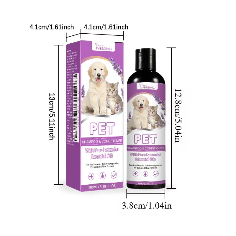 Shampoo e Condicionador para Animais de Estimação com Óleos Essenciais Puros de Lavanda, Fórmula Sem Lágrimas para Cães e Gatos, pH Balanceado, Cuidado Suave 100ml