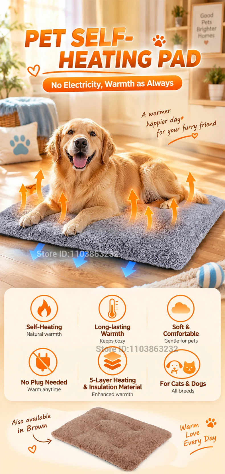 Tapete Auto-Aquecedor para Animais de Estimação: Material de Retenção de Calor de Cinco Camadas, Lavável e Antiderrapante, para Cães e Gatos de Pequeno a Médio Porte