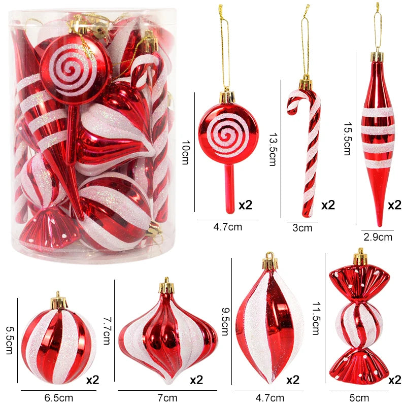 14 pçs/caixa natal doce cana bola vermelha ornamentos árvore de natal pendurado pingentes navidad ano novo decorações para casa 2024 presente natal