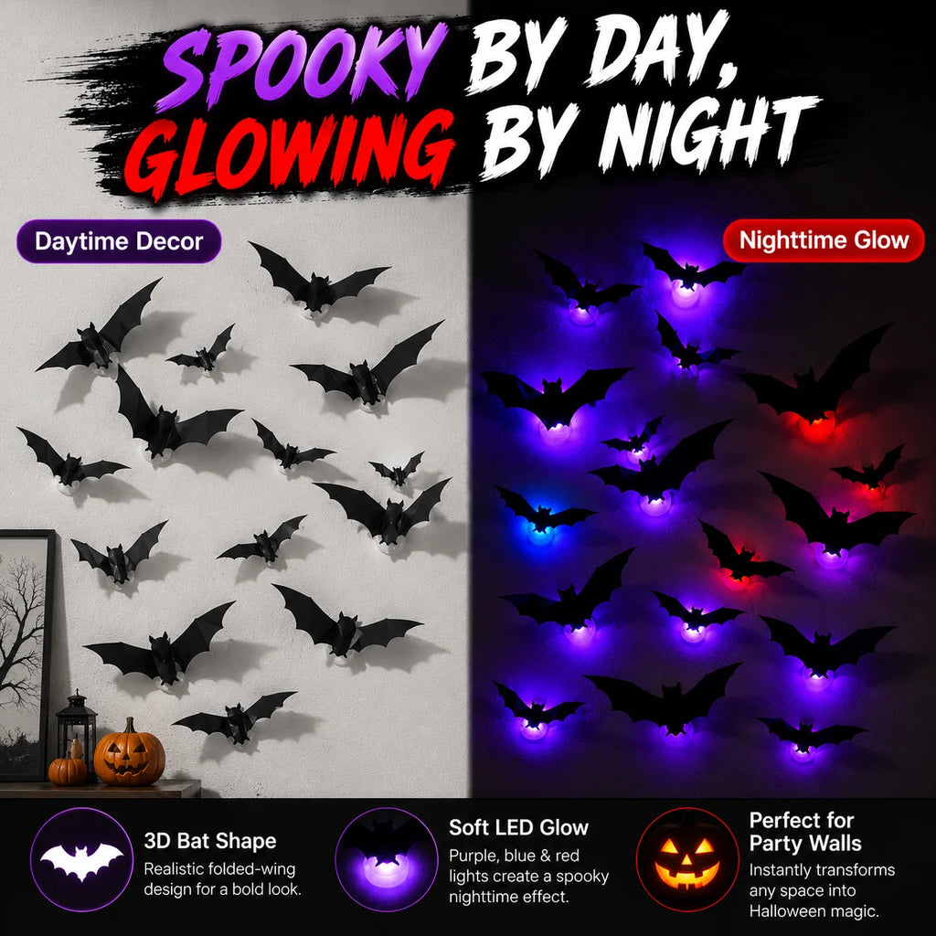 Decorações Assustadoras de Halloween: Luzes LED 3D de Morcego |   Adesivos de Parede Flexíveis, Decoração Luminosa Alimentada por Energia |   Decoração de Festa, Janela