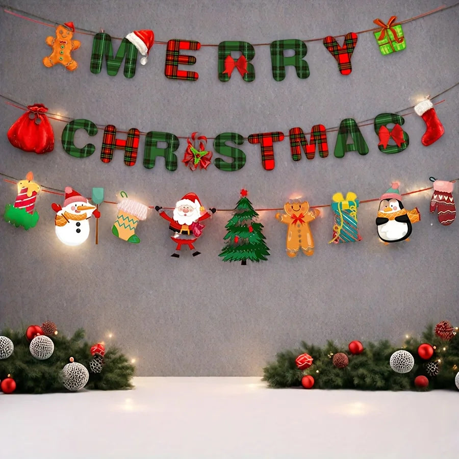 Conjunto de Decoração para Festa de Natal - Faixa de Feliz Natal e Decorações de Fundo Festivas, Enfeites Suspensos para Casa.