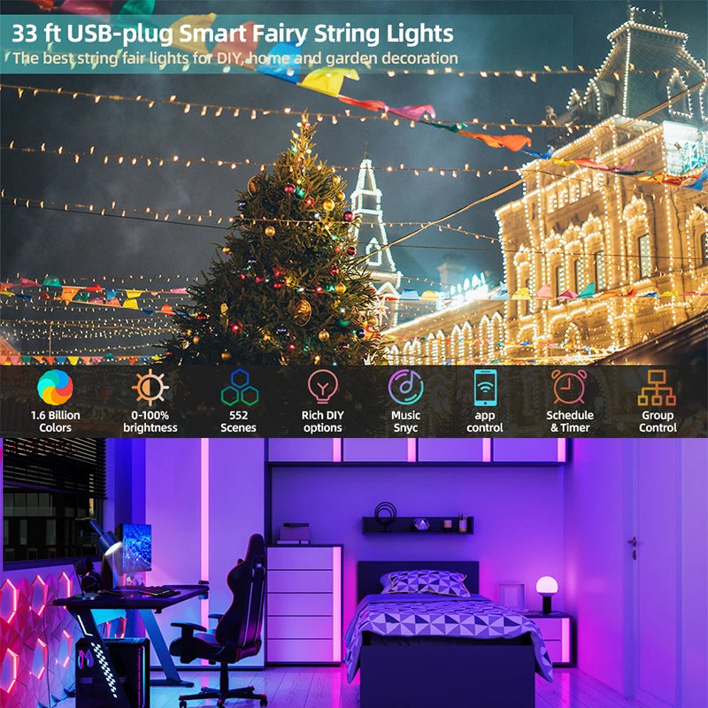 Árvore de Natal ao ar livre e interior String Lights, impermeável Bluetooth Fairy LED String Lights, IP65, WS2812B, 100LED, 10m
