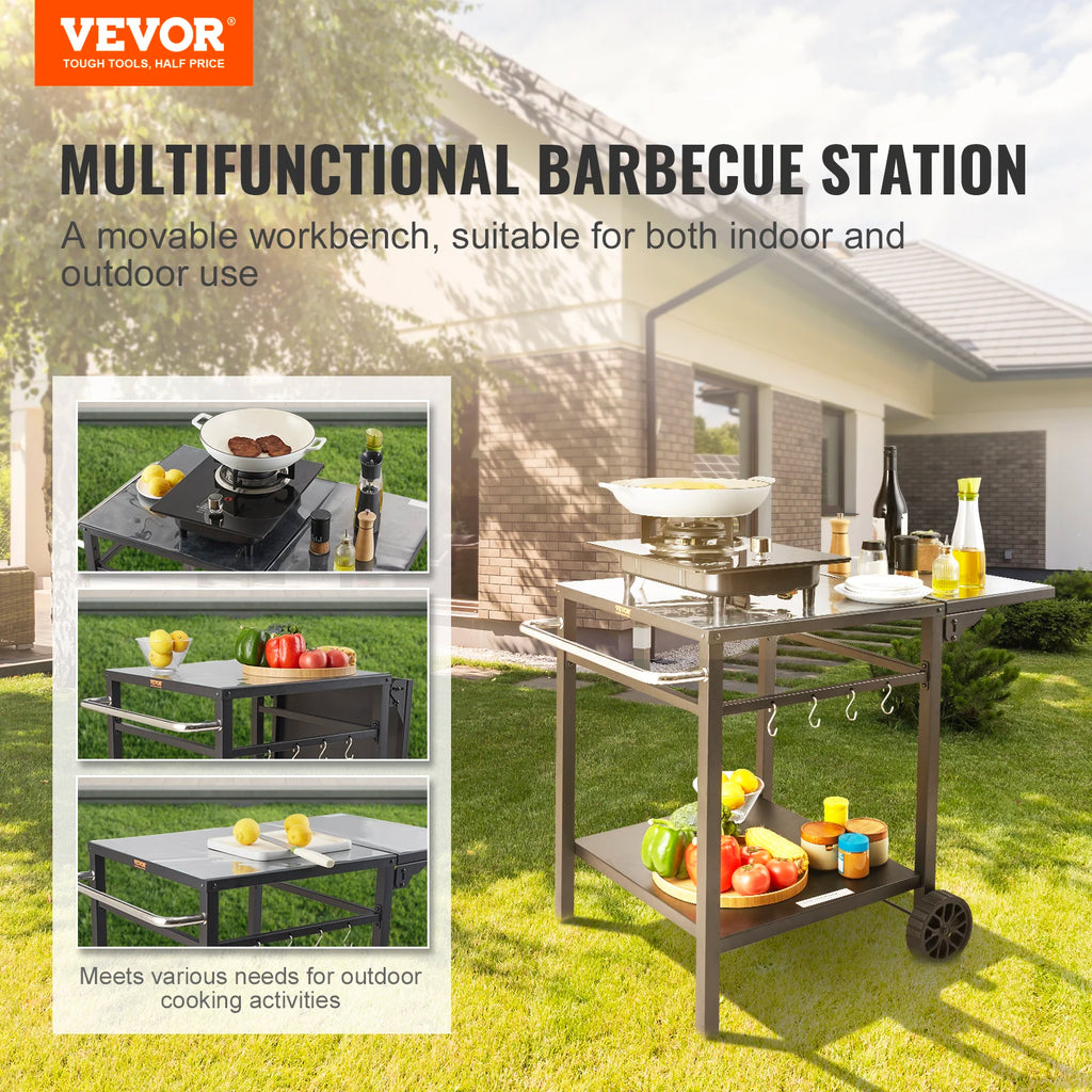 SucceBuy Mesa de carrinho de jantar com prateleira dupla Mesa de comida móvel para churrasco Suporte dobrável para forno de pizza Tampo de mesa de ferro/aço inoxidável
