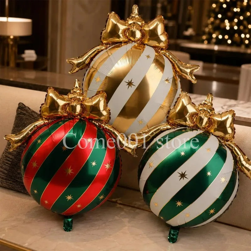 Balão Metalizado de Natal em Forma de Bola, Balões Estrela Listrados, Laço Dourado, Decoração para Pendurar na Árvore de Natal, Balões de Feliz Natal