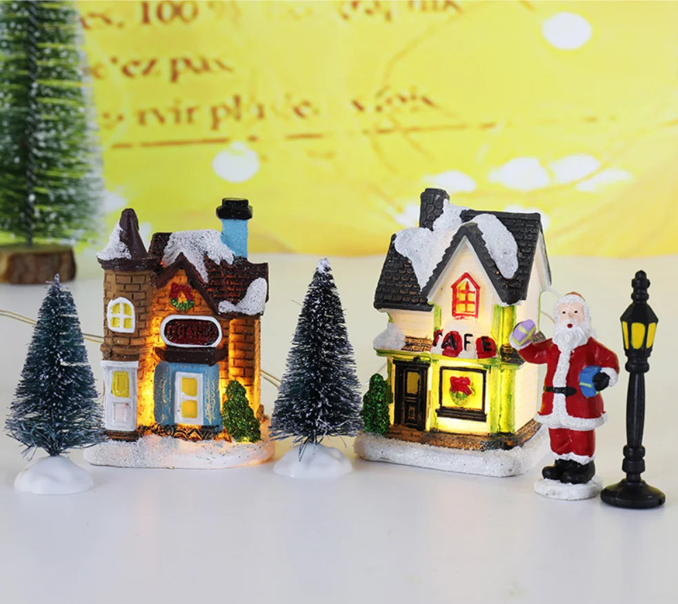 Enfeite de casa em miniatura de resina para o Natal, decoração de mesa com tema de aldeia natalina, casa em miniatura, cena em miniatura, decoração para festas de fim de ano.