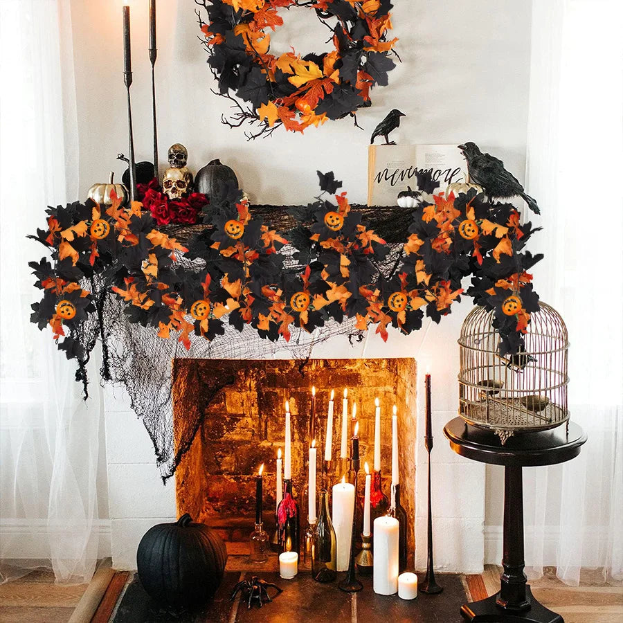 Decorações de Guirlanda de Halloween com Folhas Pretas e Abóboras 3D para o Festival de Ação de Graças e Decoração de Lareira