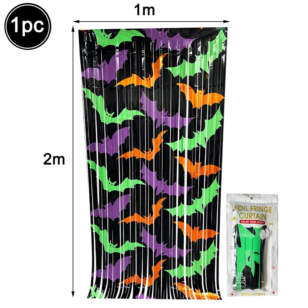 Cortina de Franjas Metalizadas de Halloween, Guirlanda de Enfeites, Painel de Fundo para Fotos com Estampas de Abóbora, Fantasma, Morcego e Boo, Decorações Suspensas para Portas e Paredes de Festa de Halloween - Kasa & Pet