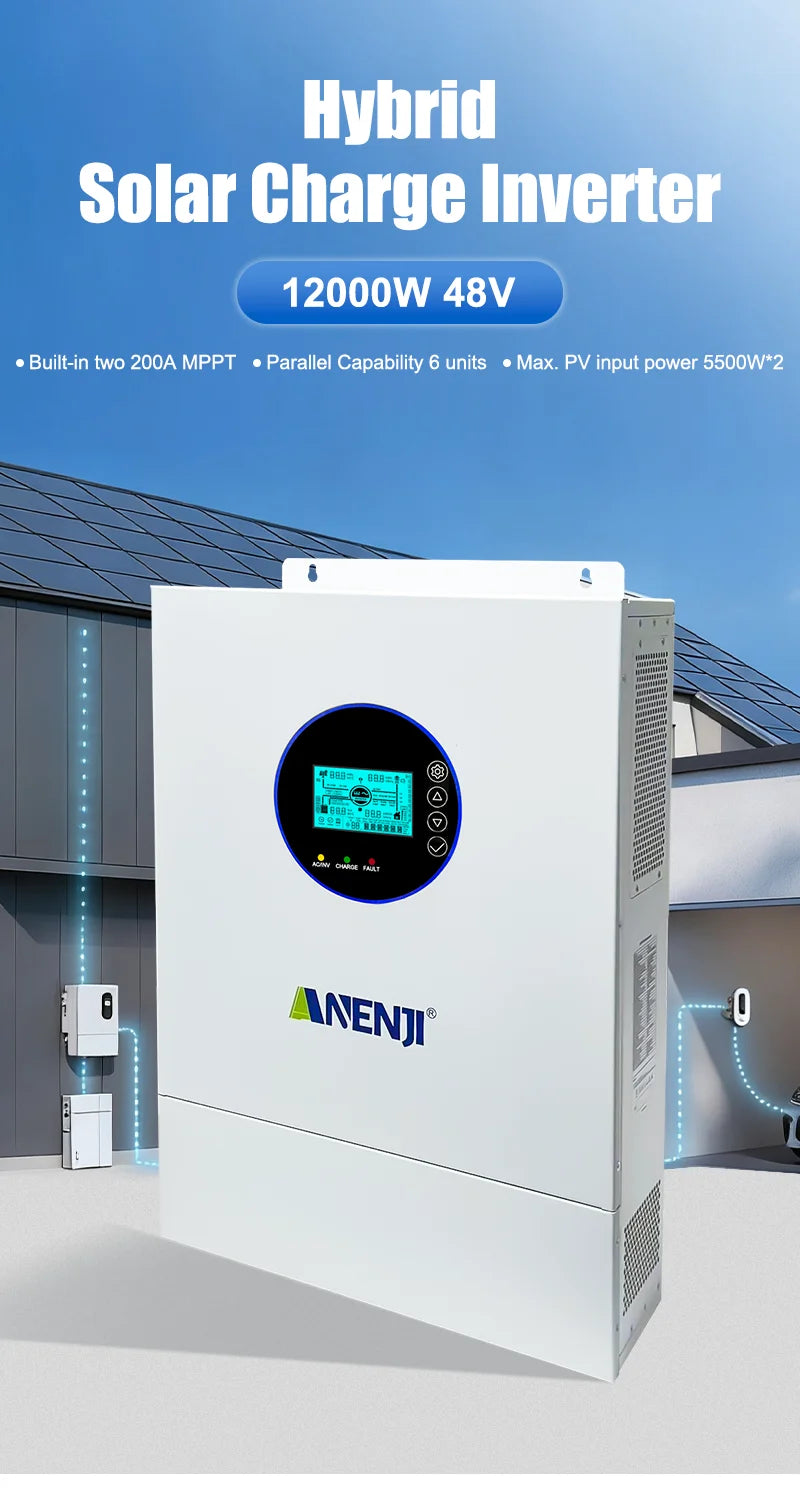 Inversor Solar Híbrido ANENJI de Fase Dividida 12KW 48V com 2 MPPT, AC 120VAC 240VAC, Onda Senoidal Pura, Off Grid, Carregador Solar MPPT 200A, Entrada Dupla PV 500VDC