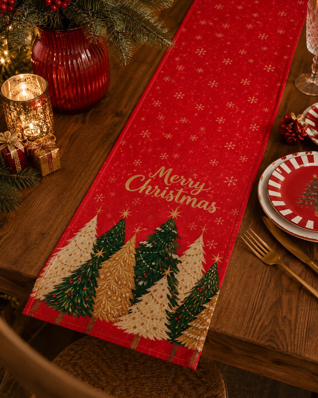 Caminho de Mesa com Tema de Árvore de Natal, Decoração Festiva de Mesa, Adequado para Festas de Natal de Inverno, Decoração de Casa para as Festas, Presente de Natal