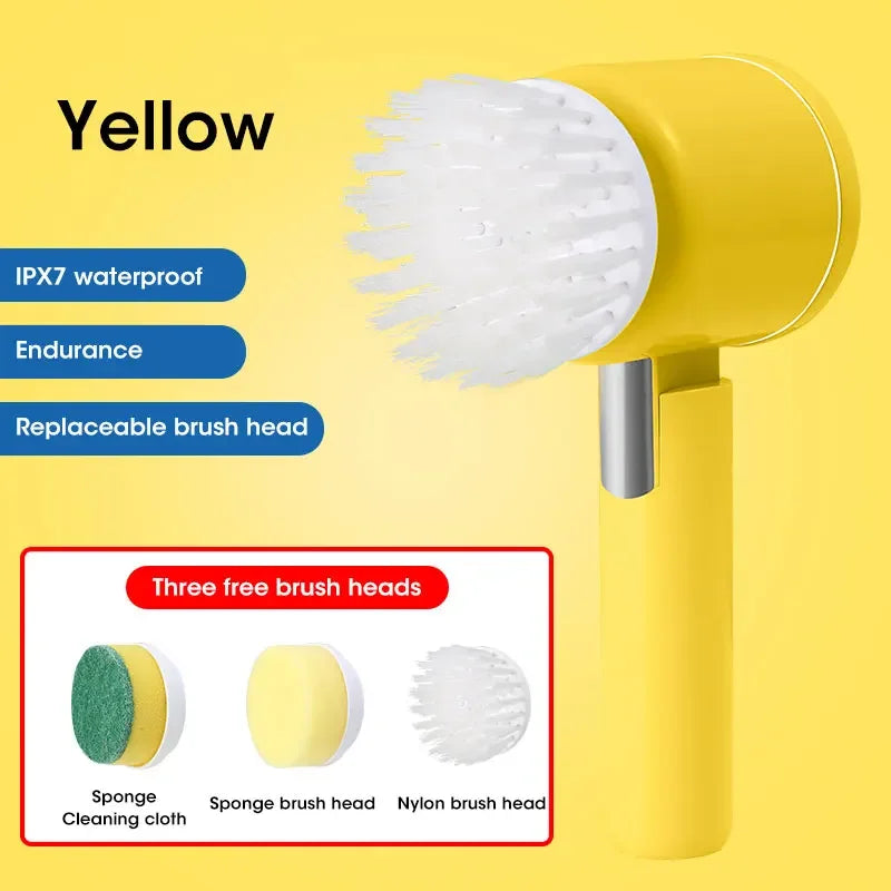 Purificador giratório elétrico sem fio 2025 com 5 escovas, limpador de banheiro recarregável à prova d'água IPX7 para limpeza de azulejos/doche/gravos