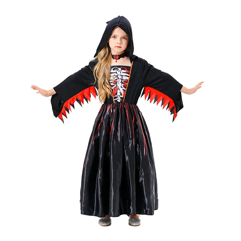 Vestido clássico de bruxa preta para meninas, fantasia de halloween com chapéu pontudo e acessórios de vassoura, fantasia de bruxa elegante para meninas