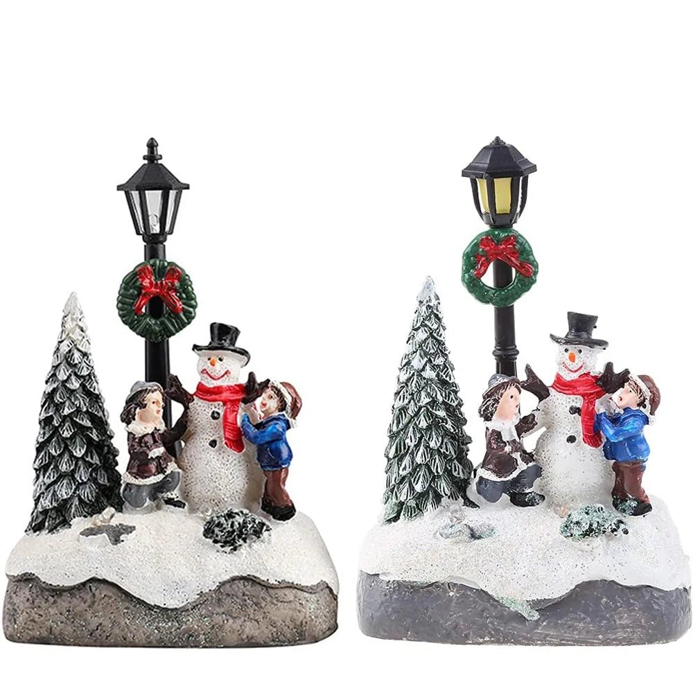 Natal aldeia cena árvore boneco de neve resina ornamento com luzes led animado lâmpada rua estátuas estatueta férias decoração desktop
