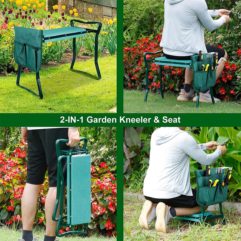 Banco de Jardim 2 em 1 Portátil com Bolsa para Ferramentas, Banquinho Dobrável com Almofada EVA, Ideal para Jardinagem e Trabalho no Quintal