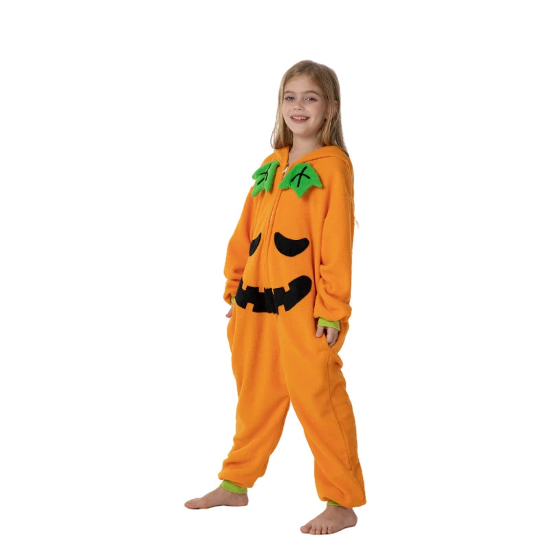 Pijama dos desenhos animados com zíper para crianças, Traje Kigurumi para crianças, Cosplay de Halloween Monstro Abóbora, Onesie Animal