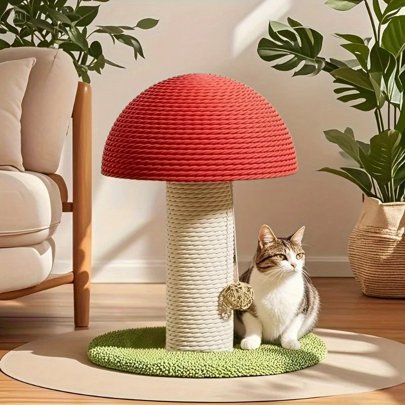 Tirador de gato em forma de cogumelo vermelho com almofada de sisal, mini vila para animais de estimação e base pom-pom verde
