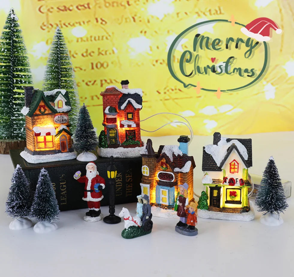 Enfeite de casa em miniatura de resina para o Natal, decoração de mesa com tema de aldeia natalina, casa em miniatura, cena em miniatura, decoração para festas de fim de ano.