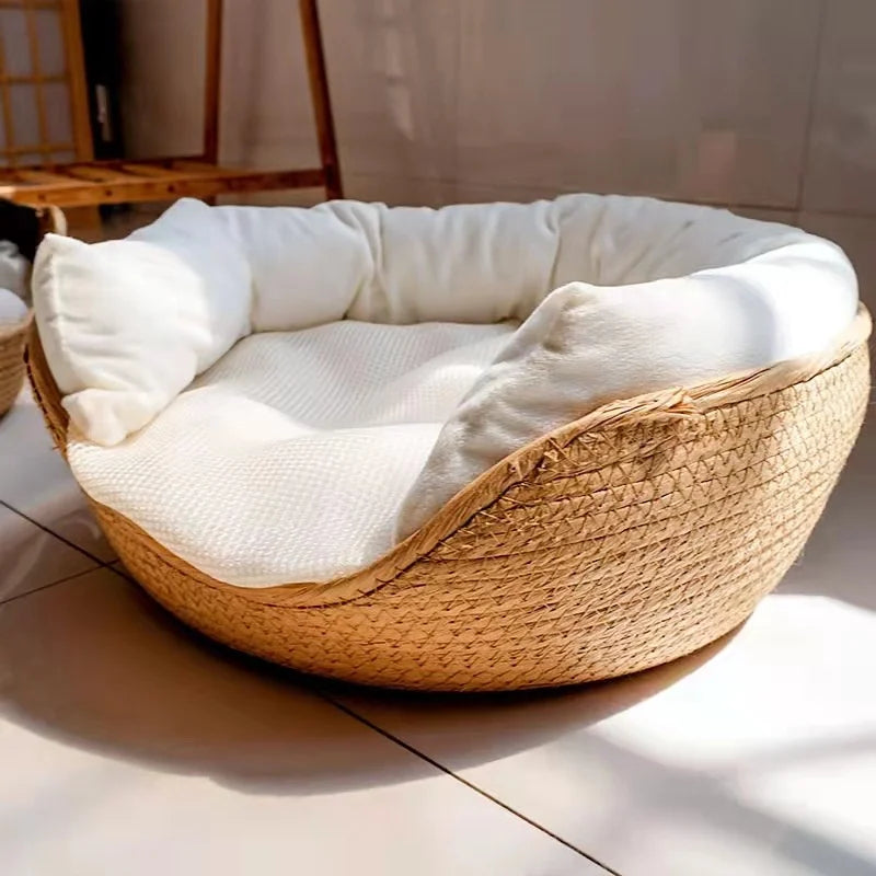 Cama para animais de estimação, canil macio para gatos, sofá, tecelagem de bambu, quatro estações, cestas de ninho aconchegantes, à prova d'água, almofada removível, saco de dormir