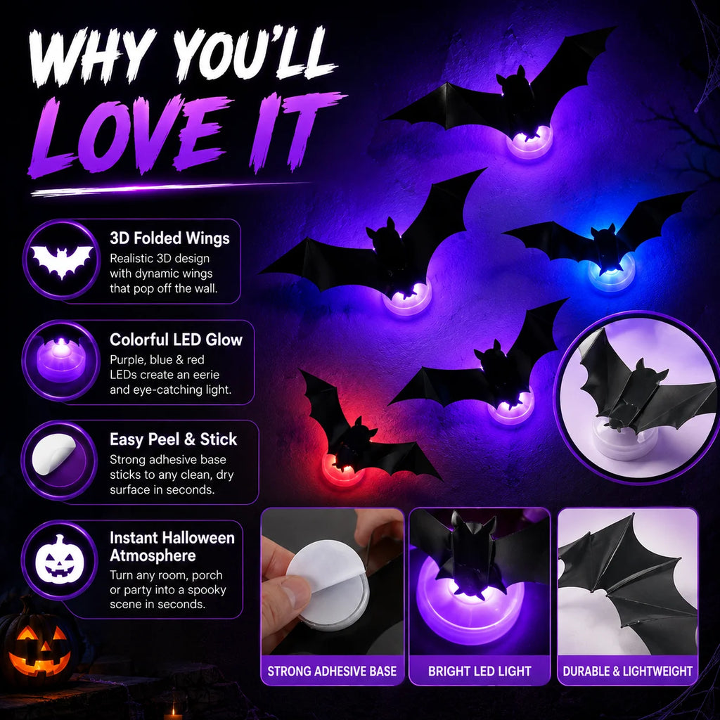 Decorações Assustadoras de Halloween: Luzes LED 3D de Morcego |   Adesivos de Parede Flexíveis, Decoração Luminosa Alimentada por Energia |   Decoração de Festa, Janela