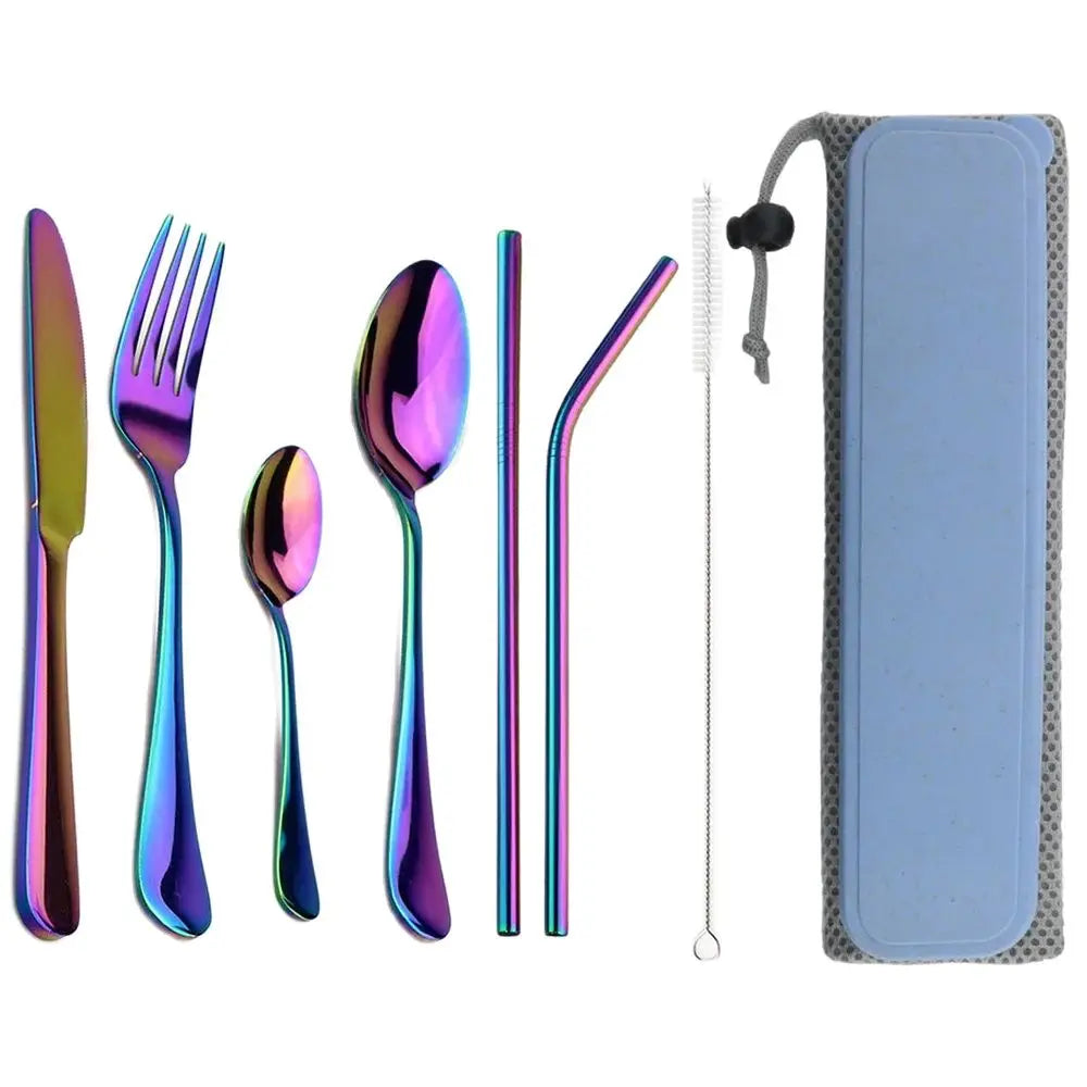 Conjunto de louça portátil faca garfo colher metal palha conjunto talheres com caixa saco para viagens caminhadas piquenique jantar conjunto