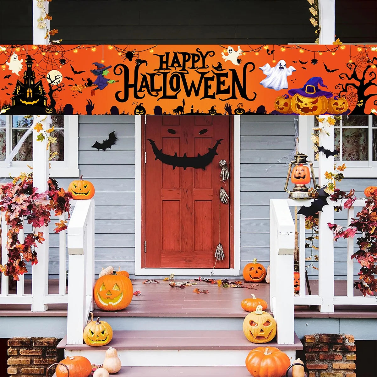 Feliz dia das bruxas banner halloween abóbora festa sinais tema assustador banner decorações cerca quintal varanda sinal ao ar livre decoração de terror