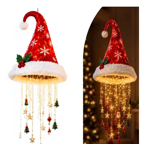 Luz de Natal LED em Forma de Chapéu de Papai Noel, Luzes de Cordão Brilhantes e Quentes, Decoração de Natal para Casa, Escada e Festa.
