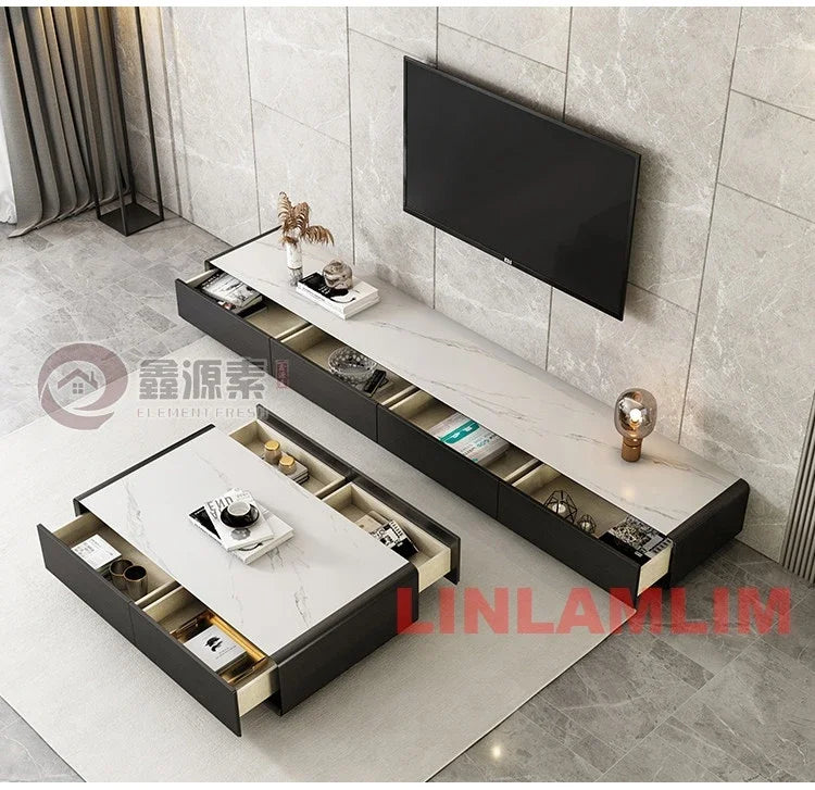 Mesa de Café e Rack para TV com Armários de Armazenamento, Conjunto de Móveis Modernos Brancos para Sala de Estar, Conjunto de Centro de Entretenimento Contemporâneo