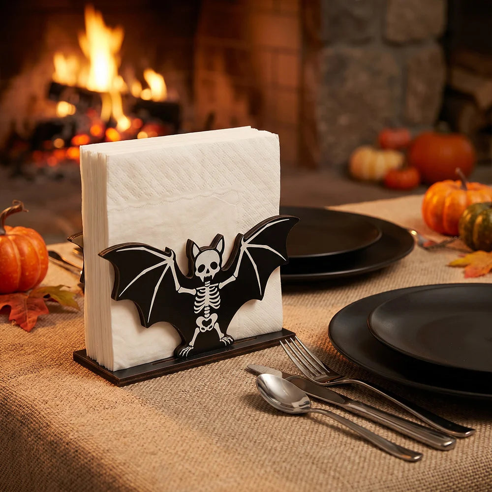 Suporte de Papel Toalha de Madeira para Halloween com Decoração de Esqueleto Assustador, Fantasma, Abóbora e Gato para Mesa de Cozinha e Banheiro