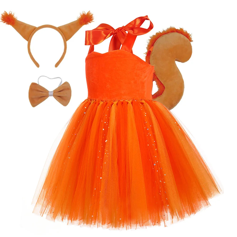 Meninas esquilo traje crianças laranja animal temático tule tutu vestido para meninas da criança halloween carnaval festa vestir-se roupas