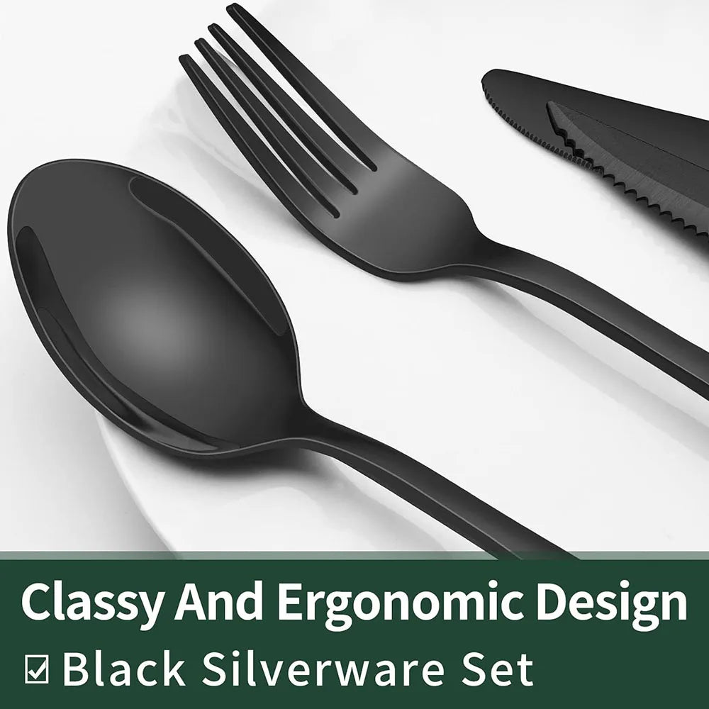 Conjunto de Talheres Pretos com Facas para Bife, Conjunto de Utensílios para 4 Pessoas, Talheres de Grau Alimentício, Conjunto de Talheres com Acabamento Espelhado Kasa & Pet