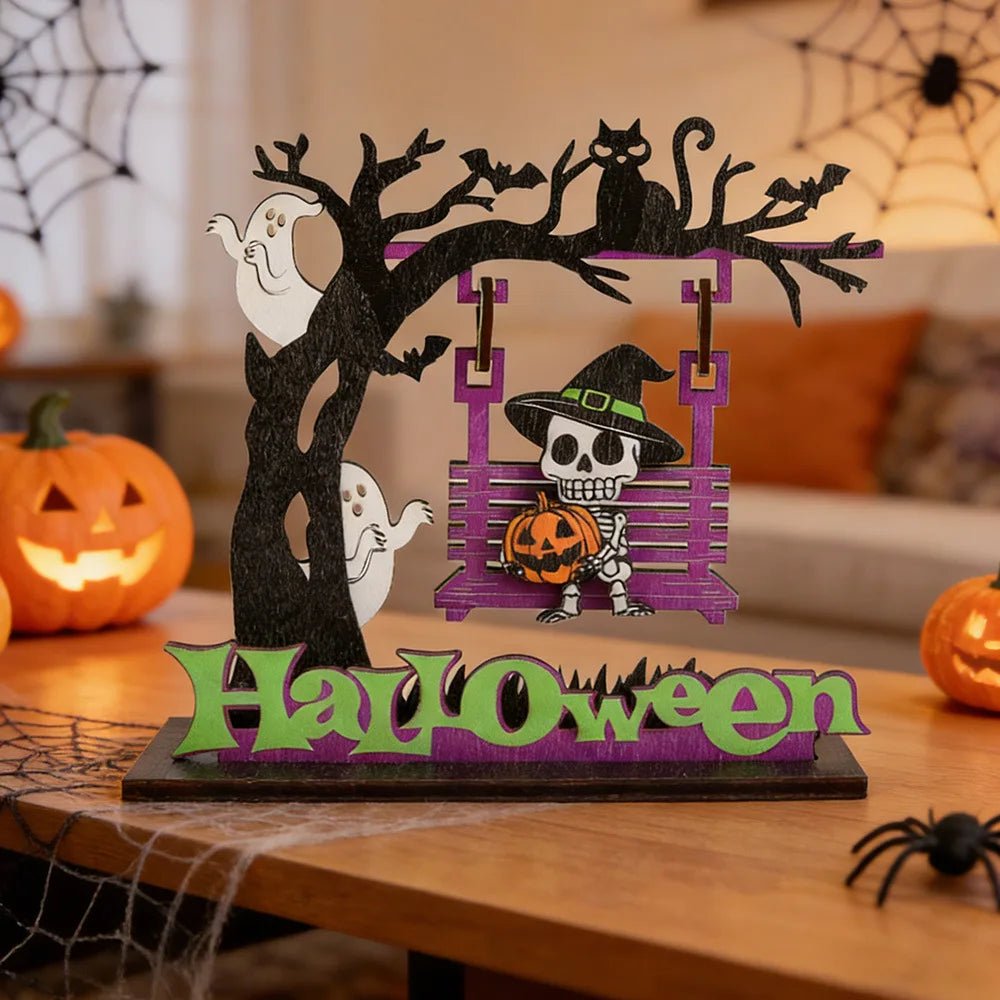 Enfeite de Mesa de Madeira para Halloween, Decoração de Mesa com Esqueleto e Abóbora Coloridos para Festa de Halloween e Decoração de Mesa em Casa - Kasa & Pet